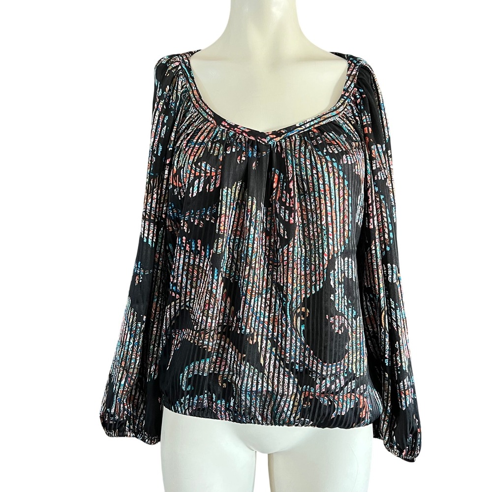 Maeve Anthropologie Paisley Pleated Metallic Blouse Black XS Balloon Sleeve